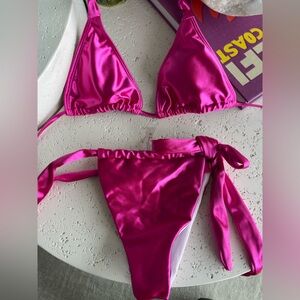 *NEW* Hot Pink Fuchsia Metallic Halter Triangle Tie Side Bikini Swimsuit
